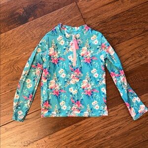 Ruffle Butts Teal Floral Long Sleeve Rash Guard with Pink Accents